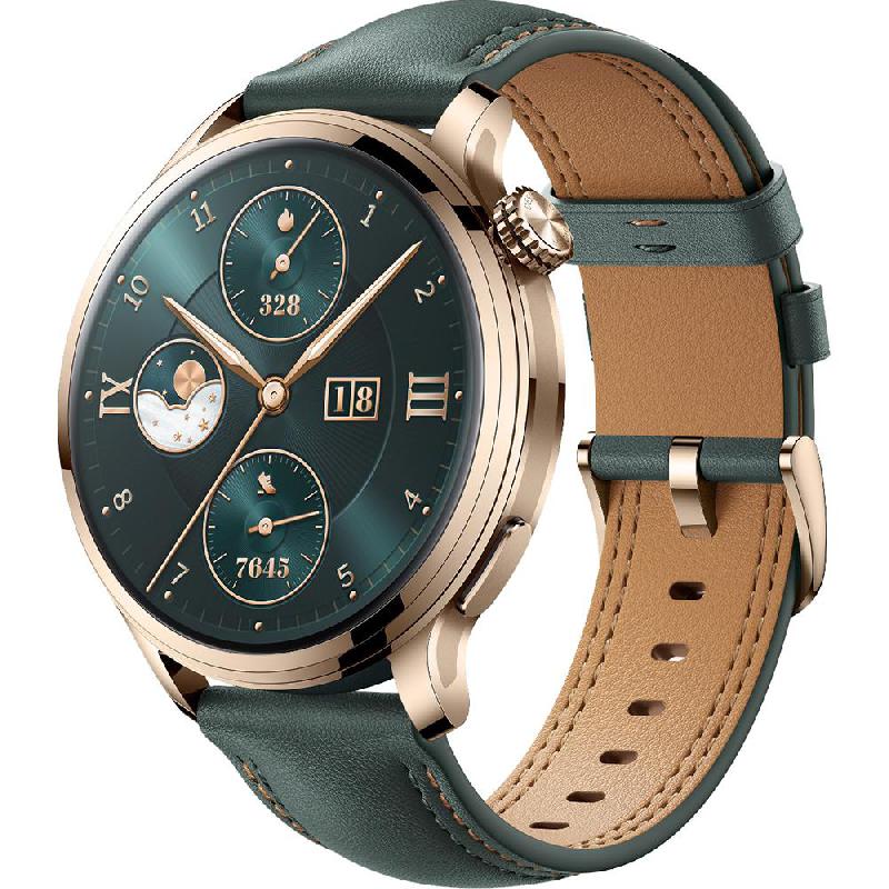 Honor Watch 4 Pro Smartwatch, GPS, 1.5", Gold Stainless Steel Case, Green Leather Strap, One Size
