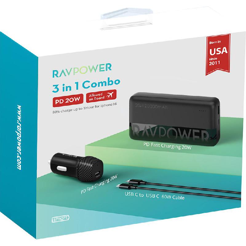 RAVPower 3-in-1 Combo Bundle with Car Charger 20W;USB-C to USB-C 60W Cable, Fast Battery Charging, 20000 mAh, 3 USB (1X USB-C/2X USB), Black