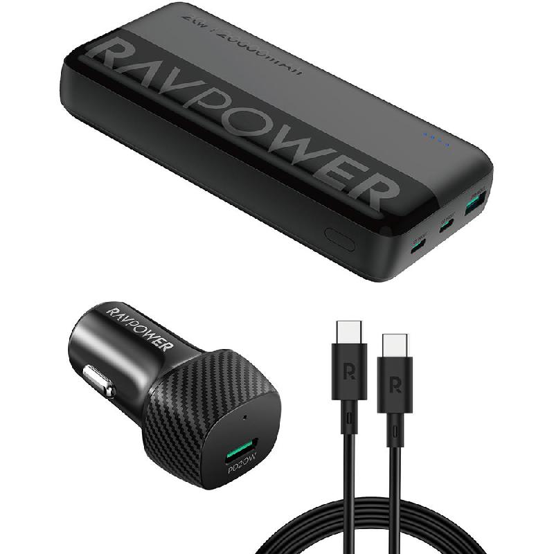 RAVPower 3-in-1 Combo Bundle with Car Charger 20W;USB-C to USB-C 60W Cable, Fast Battery Charging, 20000 mAh, 3 USB (1X USB-C/2X USB), Black — 2