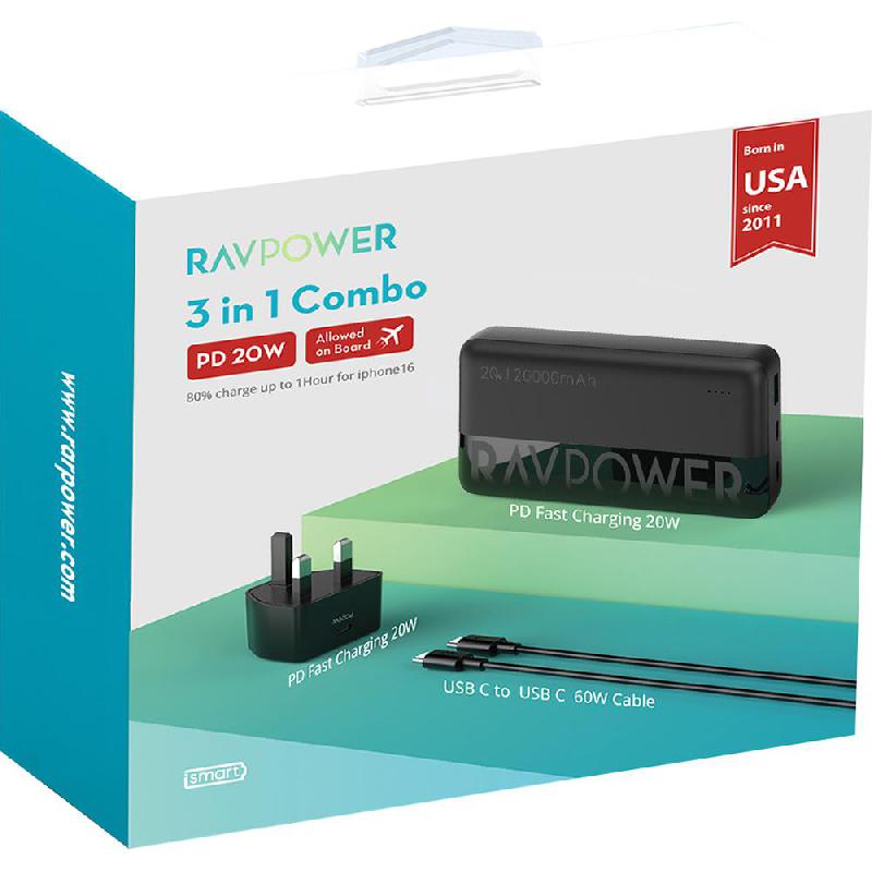 RAVPower 3-in-1 Combo Bundle with Travel Adapter Wall Charger 20W;USB-C to USB-C 60W Cable, Fast Battery Charging, 20000 mAh, 3 USB (1X USB-C/2X USB), Black