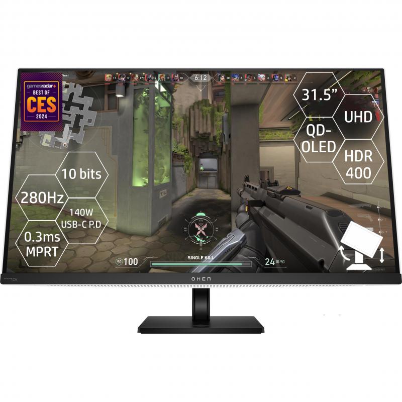 HP OMEN Transcend 31.5" Gaming Monitor, OLED, 4K UHD (Ultra HD), 240 Hz, 0.03ms (GtG), Built-in Quad Speaker (4 X 3W), Black/White