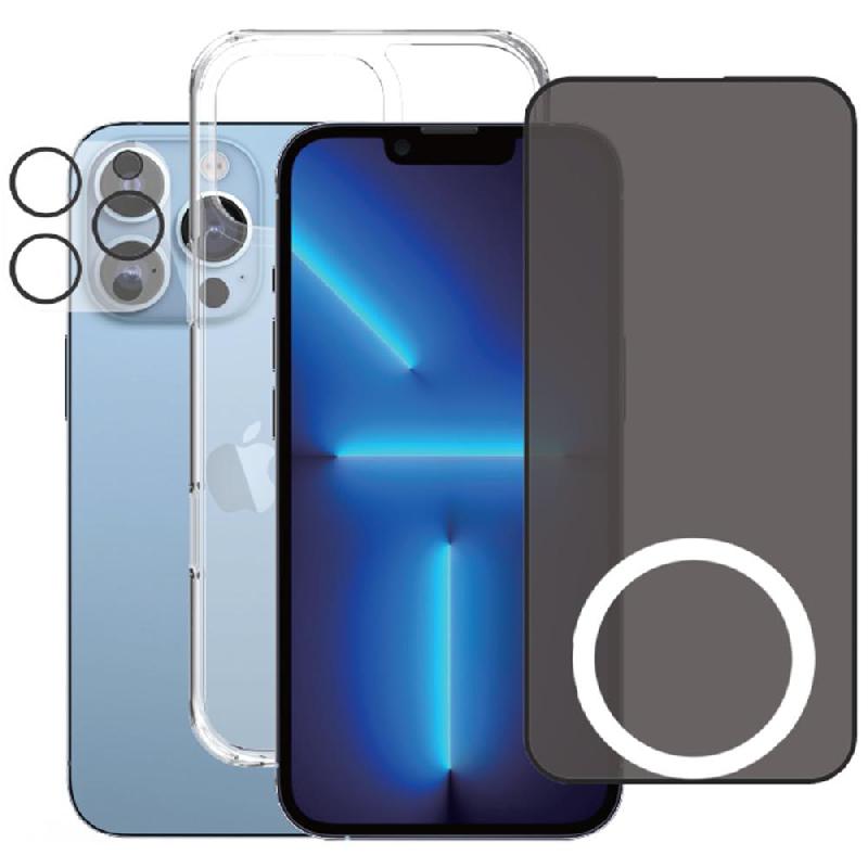 Xonda 3-in-1 Privacy Tempered Glass + Hard Case + Camera Lens Protector Smartphone Case Bundle, for iPhone 12, Clear