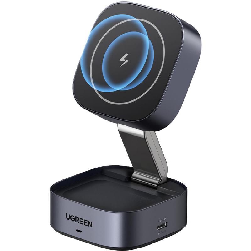 Ugreen 2-IN-1 Foldable Wireless Fast Charing Station, Qi/PMA, Wireless Charger, Single USB-C, Grey