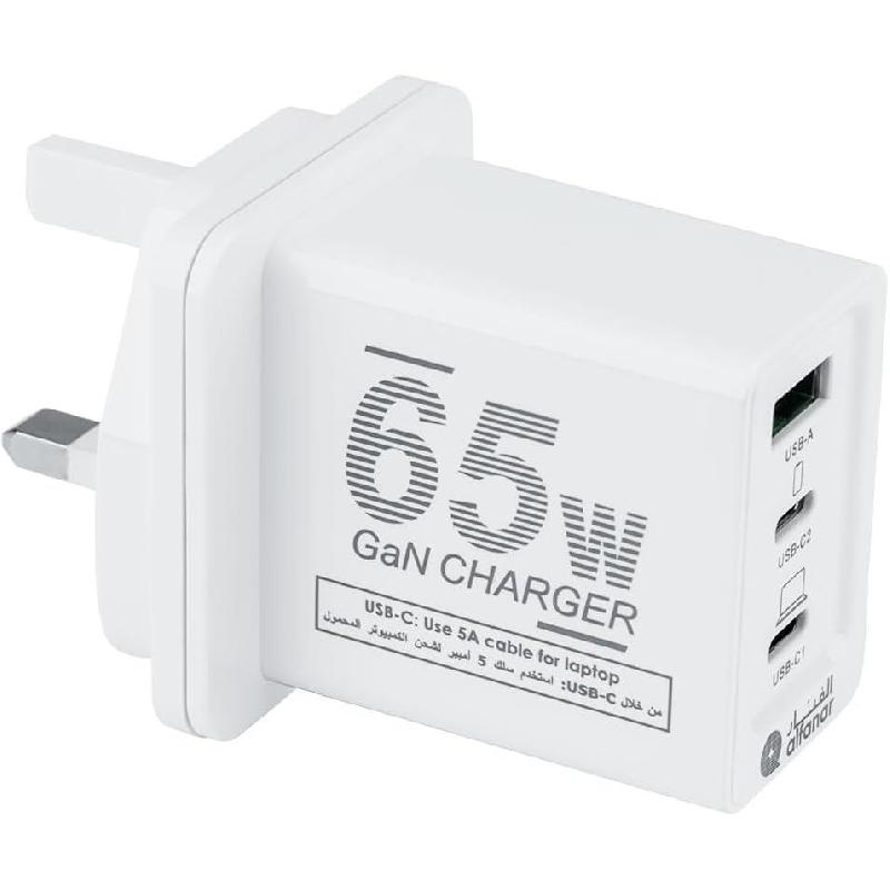 ALFANAR Wall Charger + Cable 3 Port GaN Adapter with PD and QC4+ and Charging Cable, USB PD (Power Delivery), 65 Watts, 3 USB (2X USB-C/1X USB), White