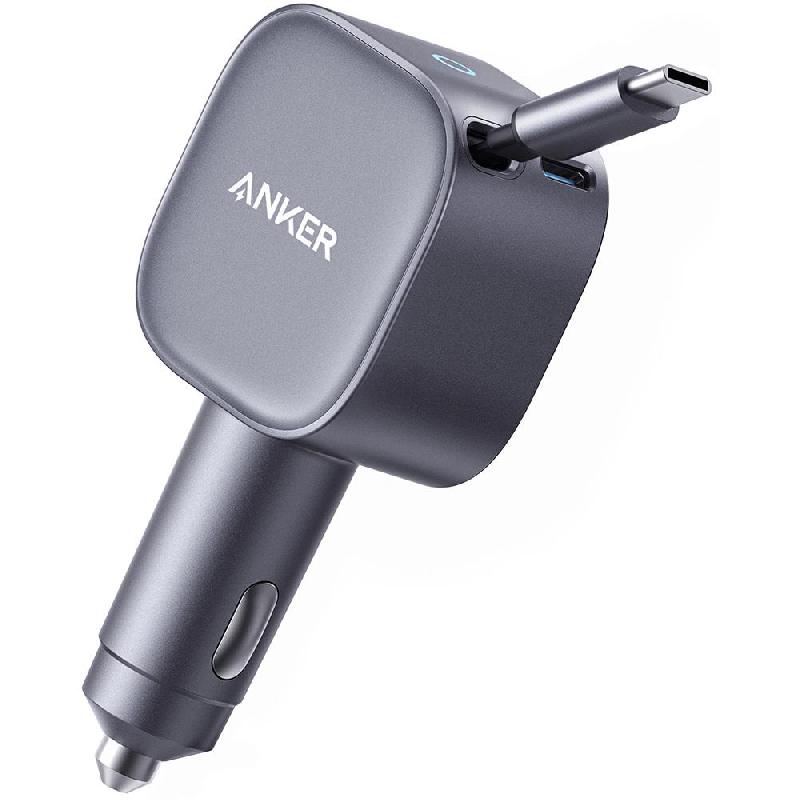 Anker Nano 75W PD Car Charger with Retractable USB-C Cable and USB-C Port, PowerIQ 3.0, 75 Watts, Dual USB-C, Grey
