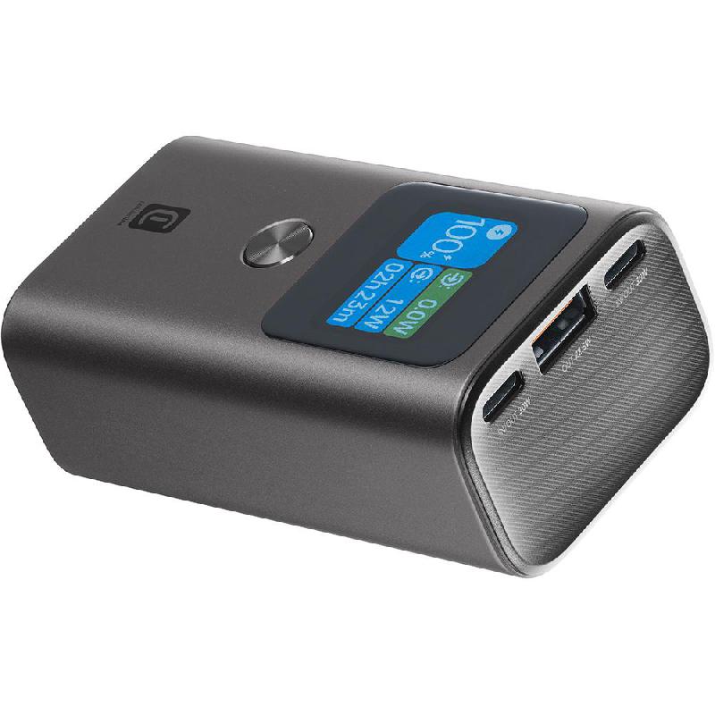 Cellularline Ultron Compact Powerbank with Smart Display, PD Fast Charging, 10000 mAh, 3 USB (1X USB/2X USB-C), Black