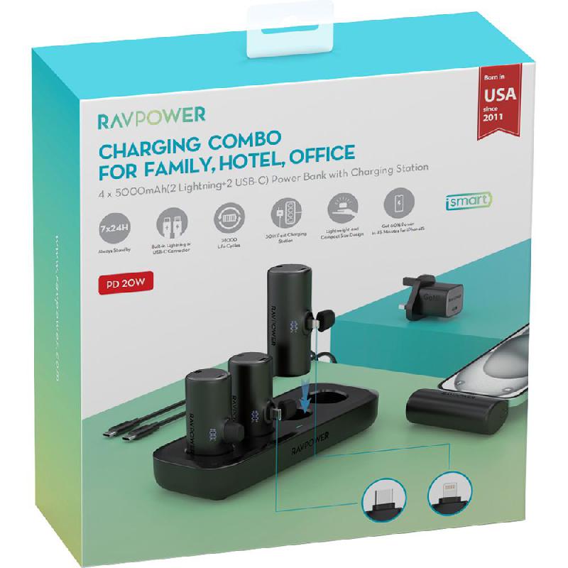 RAVPower Charging Combo 4 X 5000mAh Power Bank (2 Lightning/2 USB-C Connectors) with Charging Station, PD Fast Charging, 5000 mAh, 4 Port, Black — 3