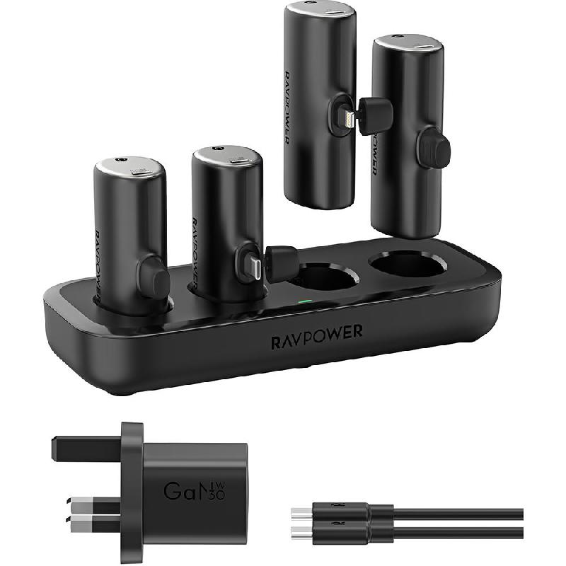 Charging Combo 4 X 5000mAh Power Bank (2 Lightning/2 USB-C Connectors) with Charging Station, PD Fast Charging, 5000 mAh, 4 Port, Black