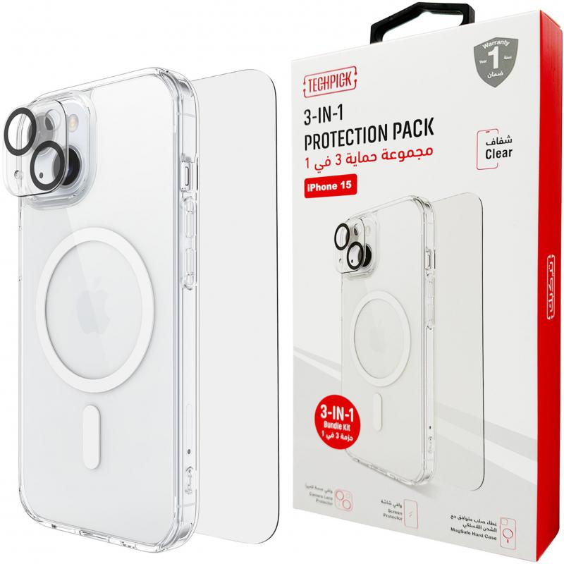 Techpick 3-in-1 Protection Pack MagSafe Hard Case + Tempered Glass + Camera Lens Protector Smartphone Case Bundle, for iPhone 15, Clear
