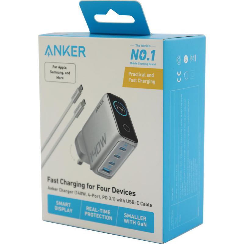 B2697K41 140W 4-Port Fast Charger with Smart Display, USB PD (Power Delivery), 140 Watts, 4 USB (3X USB-C/1X USB), Silver