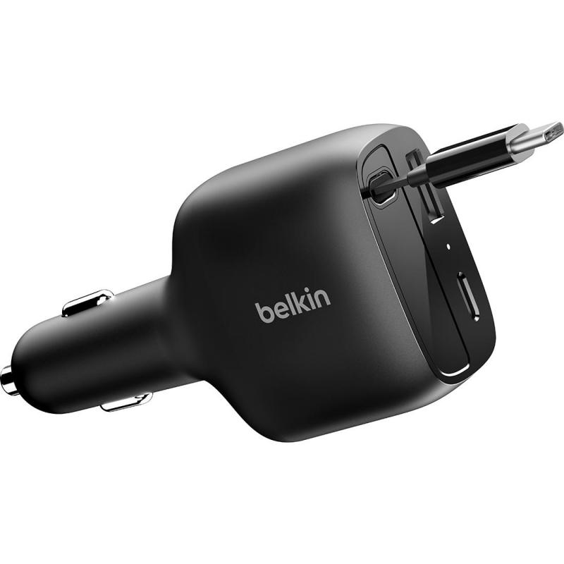 Belkin BoostCharge 75W Car Charger with Built-in Retractable USB-C Cable + USB-C and USB-A Ports, PD 3.1, 75 Watts, 3 USB (2X USB-C/1X USB), Black