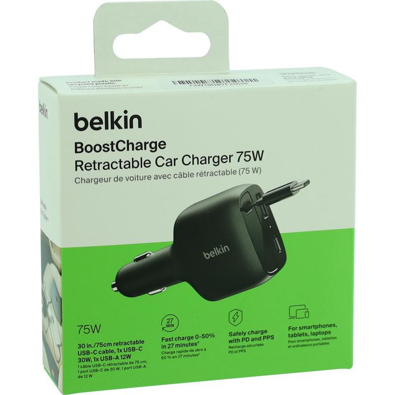 Belkin BoostCharge 75W Car Charger with Built-in Retractable USB-C Cable + USB-C and USB-A Ports, PD 3.1, 75 Watts, 3 USB (2X USB-C/1X USB), Black — 6