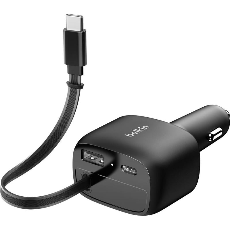 Belkin BoostCharge 75W Car Charger with Built-in Retractable USB-C Cable + USB-C and USB-A Ports, PD 3.1, 75 Watts, 3 USB (2X USB-C/1X USB), Black — 3