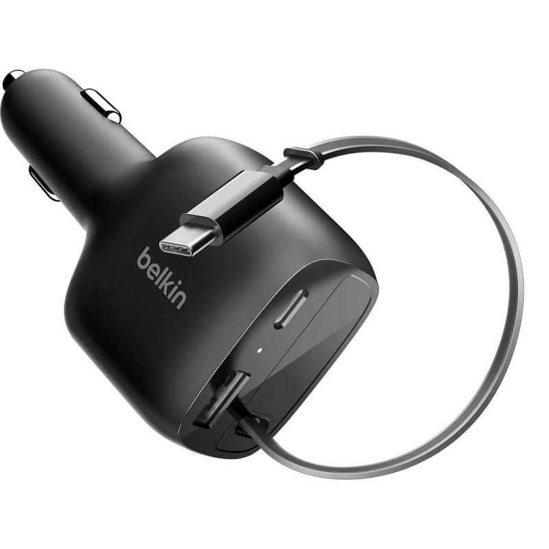 Belkin BoostCharge 75W Car Charger with Built-in Retractable USB-C Cable + USB-C and USB-A Ports, PD 3.1, 75 Watts, 3 USB (2X USB-C/1X USB), Black — 4
