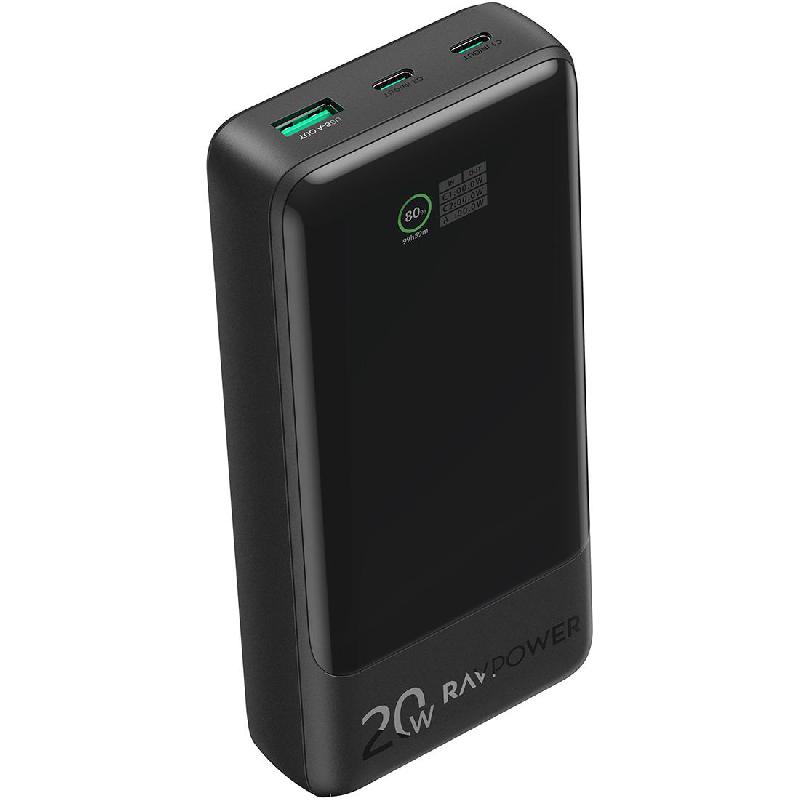 RAVPower PD Pioneer 20000 mAh 20W PD 3-Port Power Bank, PD Fast Charging, 20000 mAh, 3 USB (1X USB/2X USB-C), Black