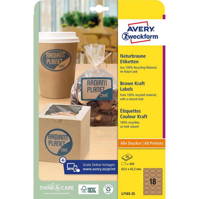 Avery Zweckform Multipurpose Labels, A4, Oval, Brown Kraft, 450 Labels