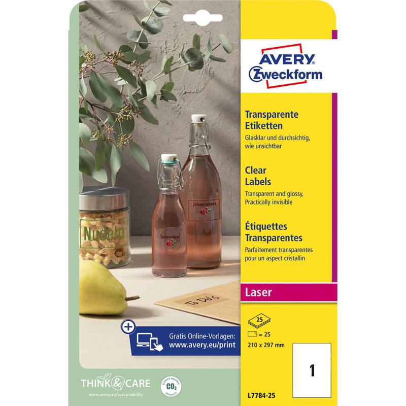 Avery Zweckform Multipurpose Labels, A4, Rectangle, Transparent, 25 Labels/Pack