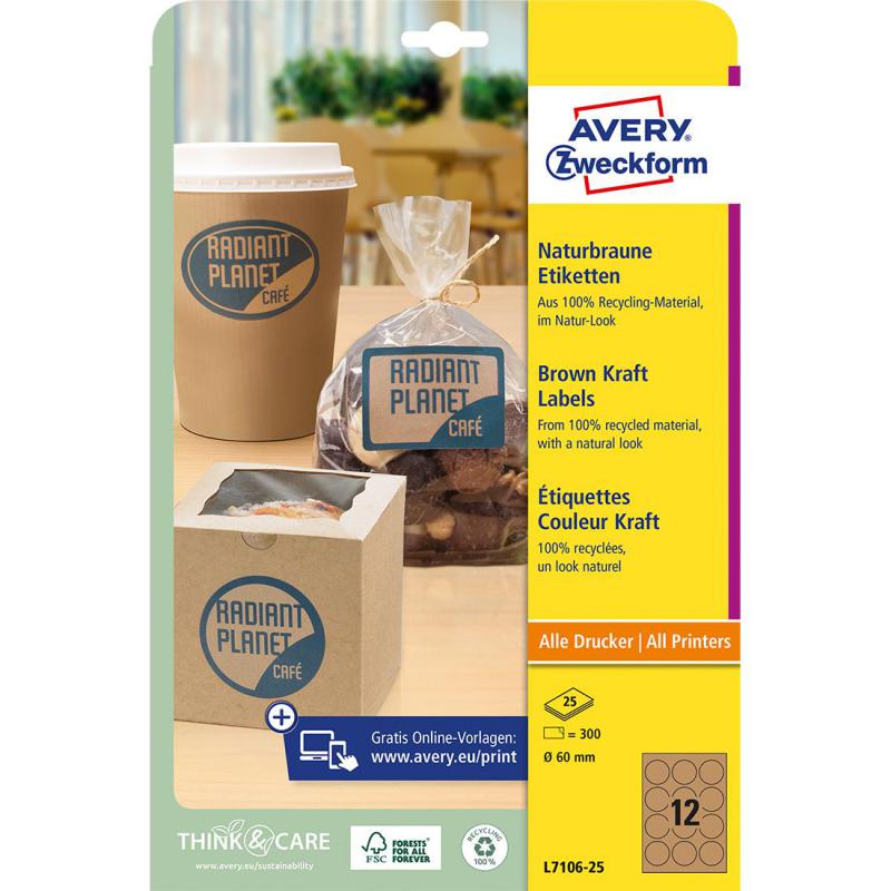 Avery Zweckform Multipurpose Labels, A4, Round, Brown Kraft, 300 Labels/Pack