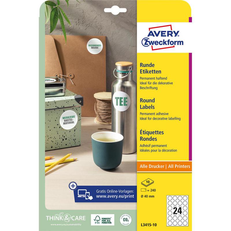 Avery Zweckform Multipurpose Labels, A4, Round, White, 240 Labels/Pack