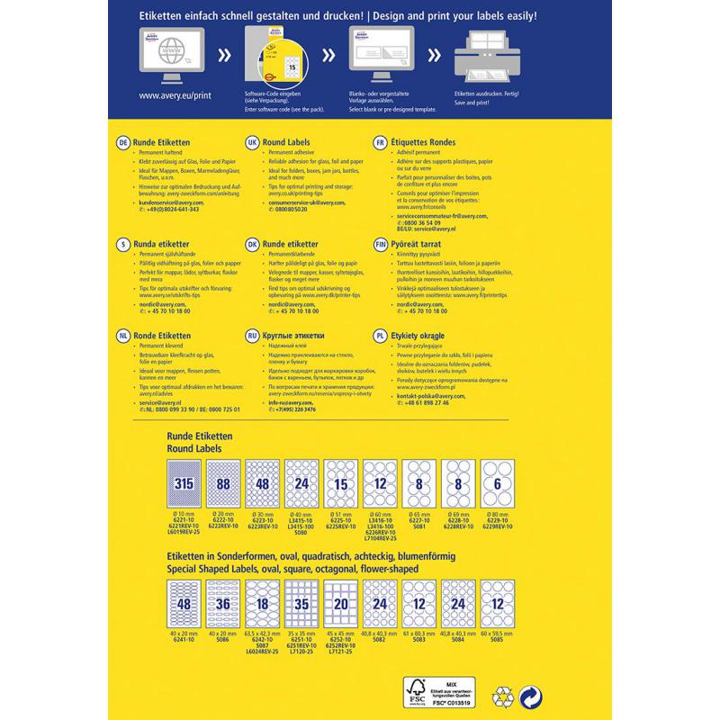 Avery Zweckform Multipurpose Labels, A4, Round, White, 240 Labels/Pack — 3