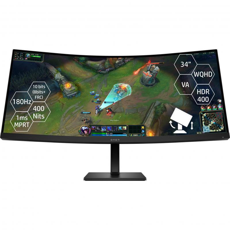HP OMEN 34c G2 34" Gaming Monitor, WQHD Wide Screen, 180 Hz, 1ms (MPRT), Built-in Dual Speaker (2 X 3W), Black