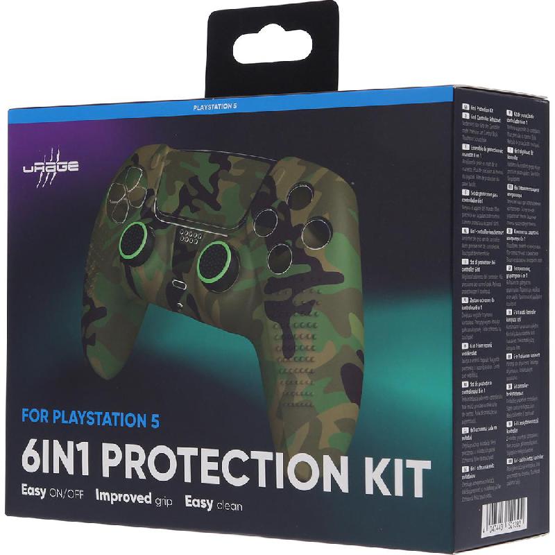 uRage 6-in-1 Set Grip Cover;Analogue Stick Attachement;Trigger Attachement;Sticker for Lightbar, for PlayStation 5, Camouflage (Green)