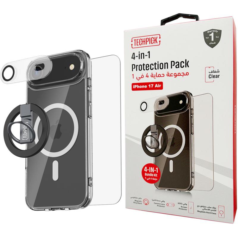 Techpick 4-in-1 Protection Pack MagSafe Hard Case + Tempered Glass + Camera Lens Protector + Magnetic Stand Smartphone Case Bundle, for iPhone Air, Clear