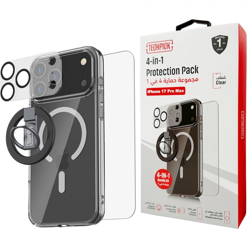 Techpick 4-in-1 Protection Pack MagSafe Hard Case + Tempered Glass + Camera Lens Protector + Magnetic Stand Smartphone Case Bundle, for iPhone 17 Pro Max, Clear