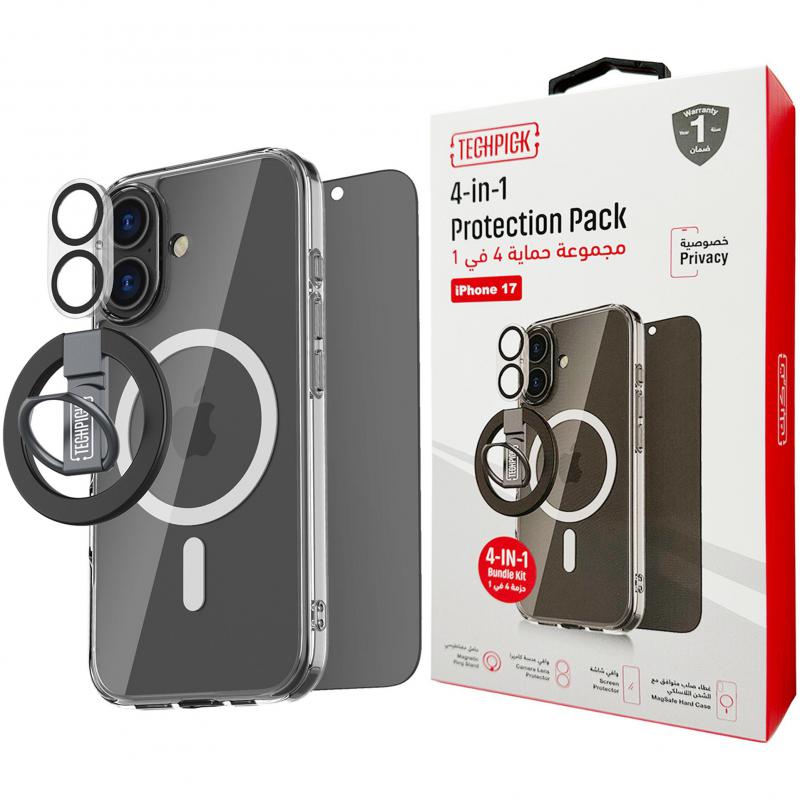 Techpick 4-in-1 Protection Pack Clear Case + Privacy Tempered Glass + Camera Lens Protector + Magnetic Stand Smartphone Case Bundle, for iPhone 17, Clear