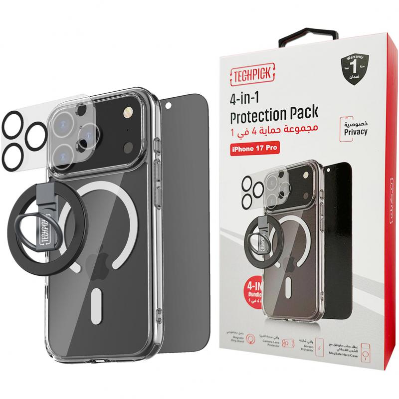 Techpick 4-in-1 Protection Pack Clear Case + Privacy Tempered Glass + Camera Lens Protector + Magnetic Stand Smartphone Case Bundle, for iPhone 17 Pro, Clear
