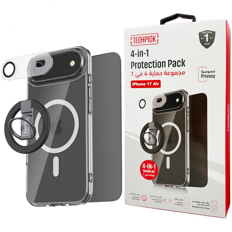 Techpick 4-in-1 Protection Pack Clear Case + Privacy Tempered Glass + Smartphone Case Bundle Smartphone Case Bundle, for iPhone Air, Clear
