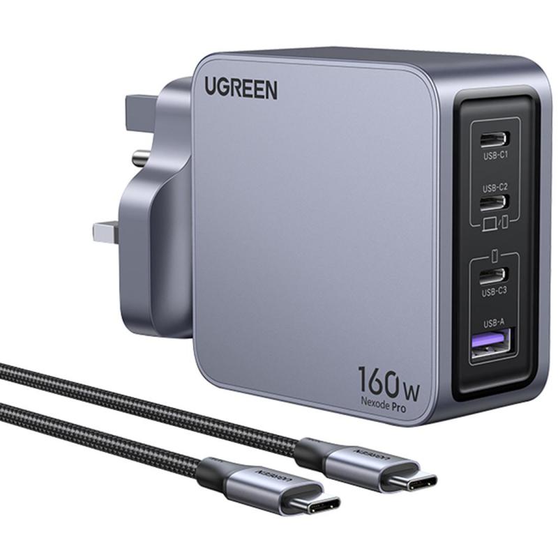 Ugreen Nexode Pro 160W 4-Port GaN Fast Charger, USB PD (Power Delivery), 160 Watts, 4 USB (3X USB-C/1X USB), Grey — 2