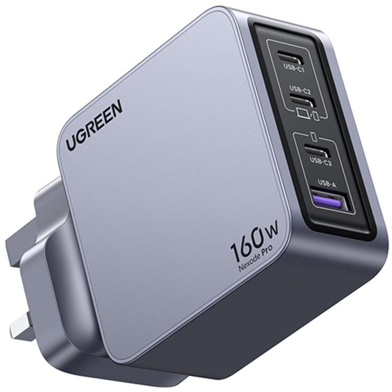 Ugreen Nexode Pro 160W 4-Port GaN Fast Charger, USB PD (Power Delivery), 160 Watts, 4 USB (3X USB-C/1X USB), Grey