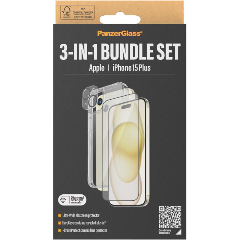 PanzerGlass 3-in-1 Pack Hard Case with D3O Protection + Screen Protector + Camera Lens Protector Smartphone Case Bundle, for iPhone 15 Plus, Clear — 2