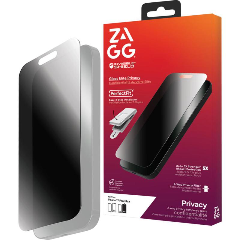 Zagg Glass Elite Privacy Elite Privacy Edge Case Friendly Smartphone Screen Protector, for iPhone 17 Pro Max, Tempered Glass, 4-way Privacy Filter