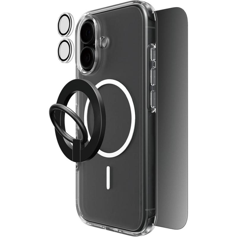 Techpick 4-in-1 Protection Clear Case + Privacy Tempered Glass + Camera Lens Protector + Magnetic Stand Smartphone Case Bundle, for iPhone 17, Clear