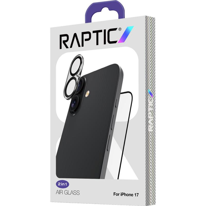 Raptic Air-Glass 2-in-1 Bundle: Tempered Glass + Camera Lens Protector Smartphone Display Protection, for iPhone 17, Clear — 2