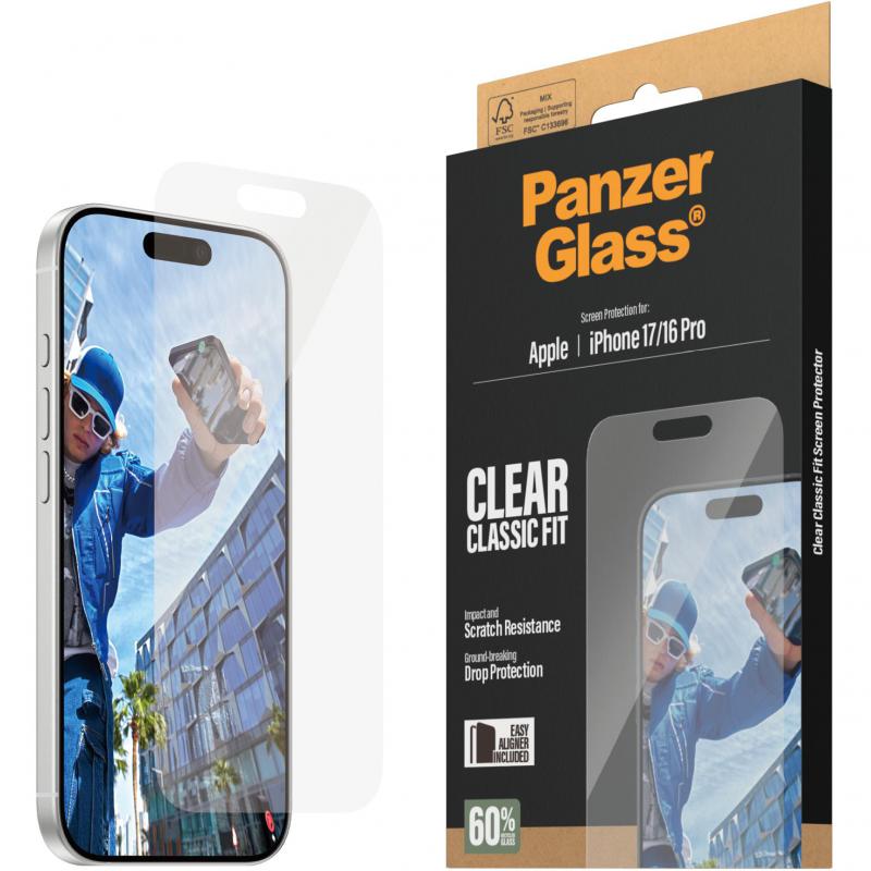 PanzerGlass Classic Fit Smartphone Screen Protector, for iPhone 17/iPhone 16 Pro, Tempered Glass, Clear