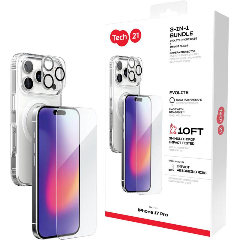 Tech21 3-in-1 MagSafe Bundle Evo Clear MagSafe Case + Impact Glass Screen Protector + Camera Lens Protector Smartphone Case Bundle, for iPhone 17 Pro, Clear