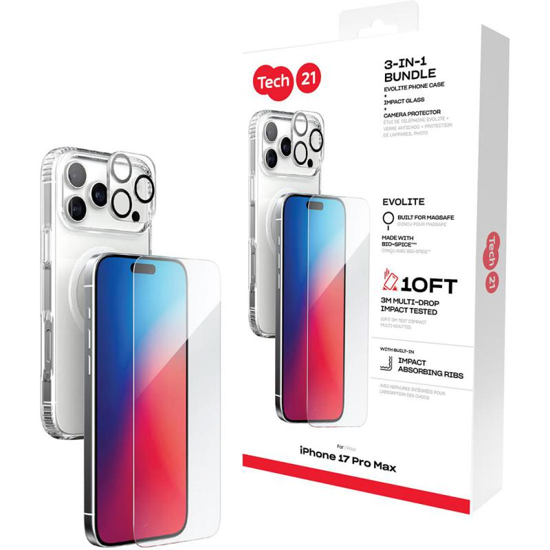 Tech21 3-in-1 MagSafe Bundle Evo Clear MagSafe Case + Impact Glass Screen Protector + Camera Lens Protector Smartphone Case Bundle, for iPhone 17 Pro Max, Clear