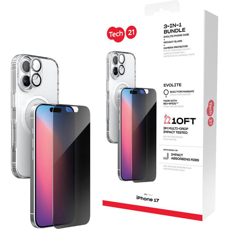 Tech21 3-in-1 MagSafe Bundle Evo Clear MagSafe Case + Privacy Impact Glass + Camera Lens Protector Smartphone Case Bundle, for iPhone 17, Clear