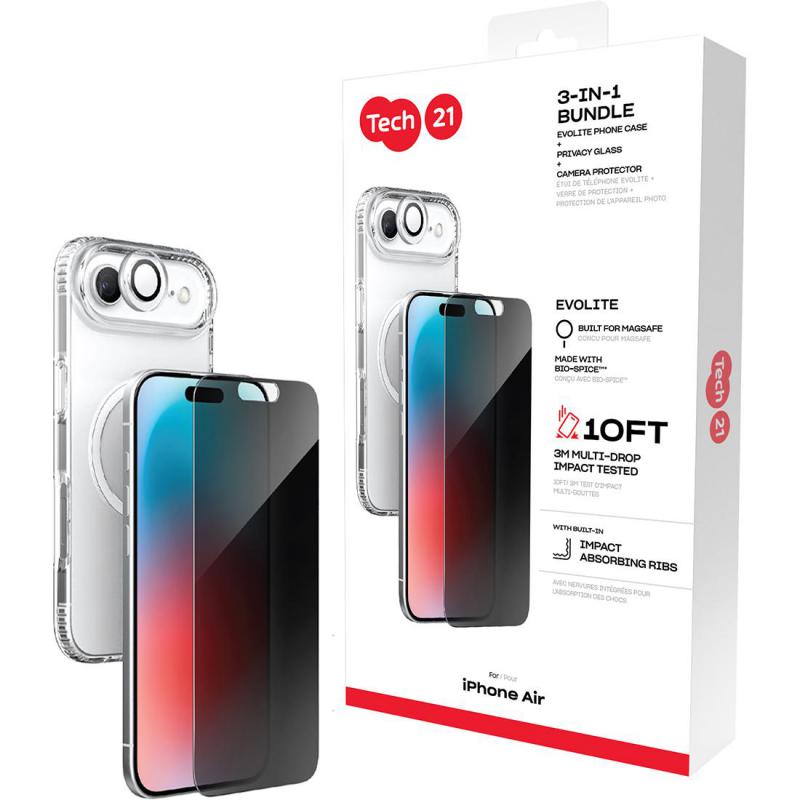 Tech21 3-in-1 MagSafe Bundle Evo Clear MagSafe Case + Privacy Impact Glass + Camera Lens Protector Smartphone Case Bundle, for iPhone Air, Clear