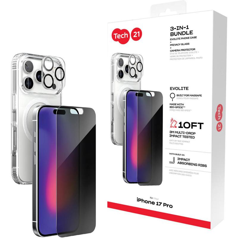 Tech21 3-in-1 MagSafe Bundle Evo Clear MagSafe Case + Privacy Impact Glass + Camera Lens Protector Smartphone Case Bundle, for iPhone 17 Pro, Clear
