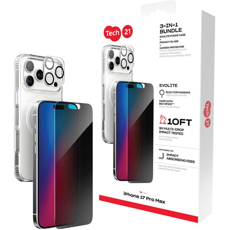 Tech21 3-in-1 MagSafe Bundle Evo Clear MagSafe Case + Privacy Impact Glass + Camera Lens Protector Smartphone Case Bundle, for iPhone 17 Pro Max, Clear