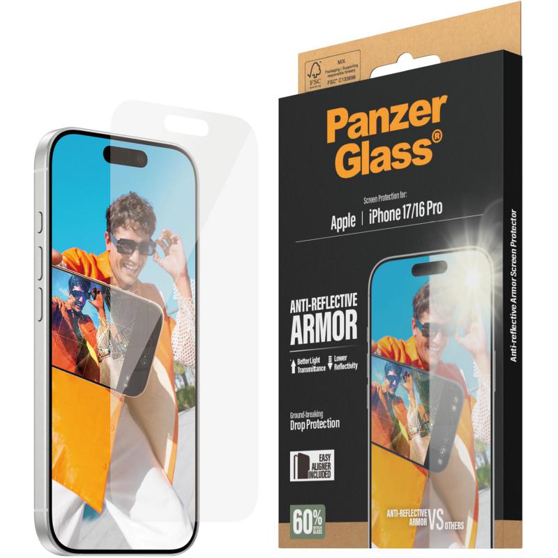 PanzerGlass Ultra-Wide Fit Anti-reflective Armor Smartphone Screen Protector, for iPhone 17/iPhone 16 Pro, Tempered Glass, Anti-reflective
