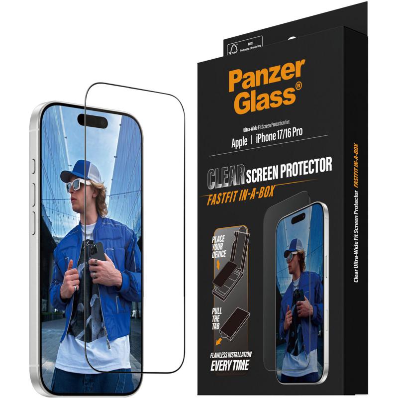 PanzerGlass Ultra-Wide Fit Fastfit In-A-Box Smartphone Screen Protector, for iPhone 17/iPhone 16 Pro, Tempered Glass with Black Frame