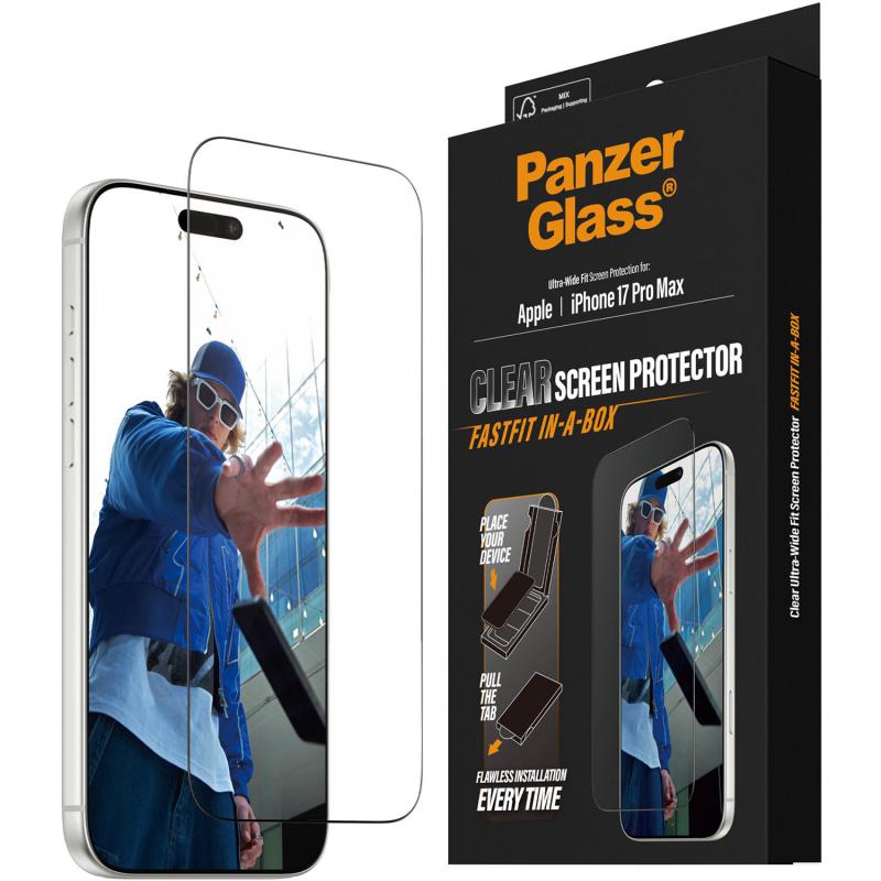 PanzerGlass Ultra-Wide Fit Fastfit In-A-Box Smartphone Screen Protector, for iPhone 17 Pro Max, Tempered Glass with Black Frame