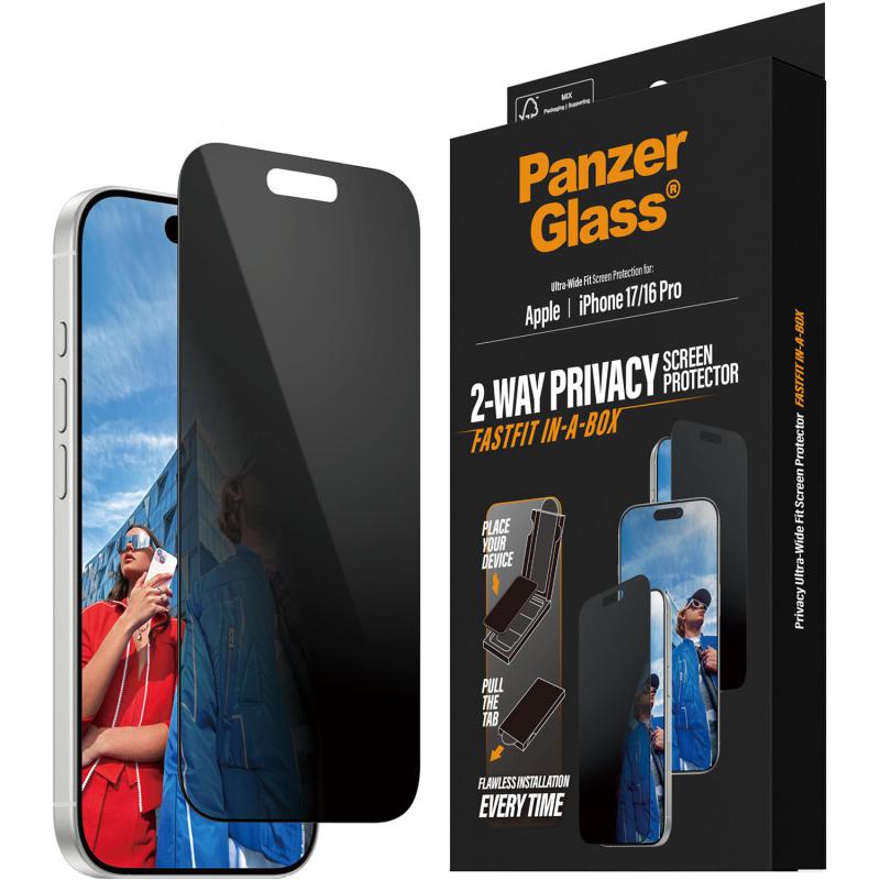 PanzerGlass Ultra-Wide Fit Fastfit In-A-Box Smartphone Screen Protector, for iPhone 17/iPhone 16 Pro, Tempered Glass with Black Frame, Privacy