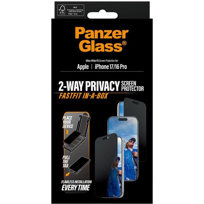 PanzerGlass Ultra-Wide Fit Fastfit In-A-Box Smartphone Screen Protector, for iPhone 17/iPhone 16 Pro, Tempered Glass with Black Frame, Privacy — 3
