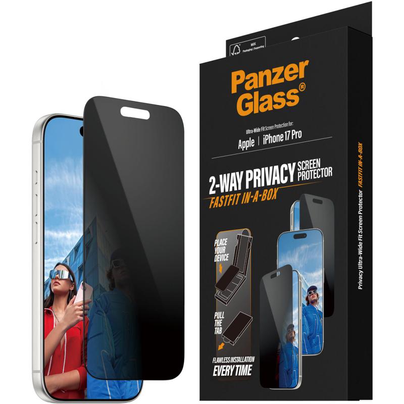PanzerGlass Ultra-Wide Fit Fastfit In-A-Box Smartphone Screen Protector, for iPhone 17 Pro, Tempered Glass with Black Frame, Privacy
